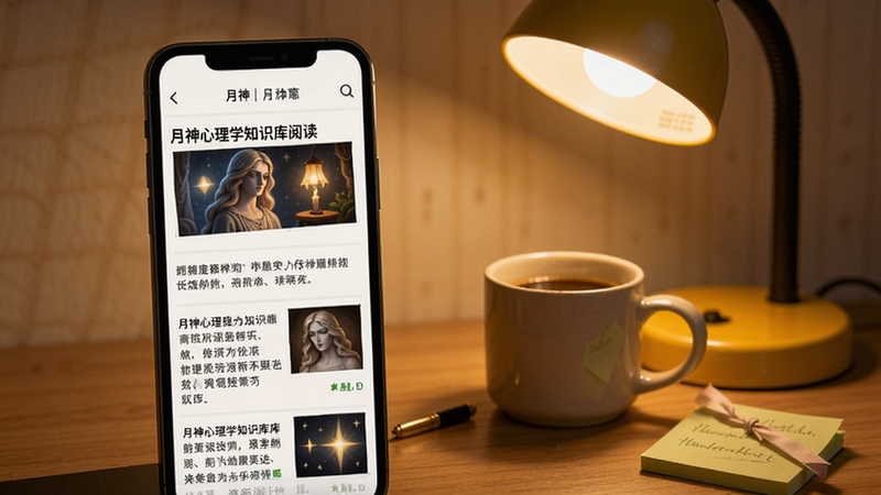 月神心理学知识库阅读页面,手机屏幕显示文章列表与配图,背景为暖黄色台灯照亮的书桌一角,旁边放着咖啡杯和便签,营造安静阅读的日常感