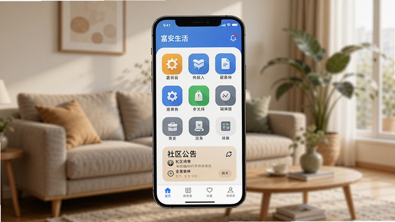 整体画面以一部竖屏智能手机为视觉中心,屏幕中展示富安生活应用的主界面,包含服务图标网格与社区公告卡片,背景为暖色调的现代客厅环境,沙发与绿植虚化处理,光线柔和自然,构图简洁明快,突出应用图标与界面层次,整体风格清新写实,适配Boogu模型生成