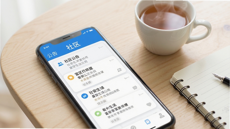 富安生活应用界面特写,手机屏幕显示社区公告列表与通知卡片,界面配色以蓝白为主,背景为浅色木质桌面,旁边放置一杯热茶与笔记本,画面干净整洁,突出信息阅读场景,写实风格,光线明亮柔和