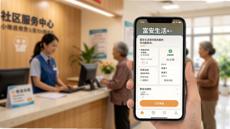 富安生活便民服务功能展示,手机界面呈现缴费与服务预约模块,背景为社区服务中心大厅虚化场景,工作人员与居民轮廓柔和,整体色调温暖,突出便捷办理氛围,写实摄影风格