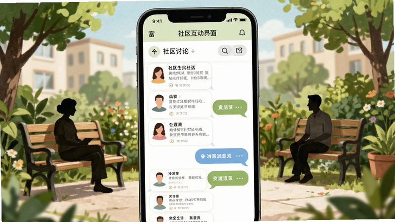 富安生活邻里互动界面示意图,手机屏幕展示社区讨论版块与消息气泡,背景为小区花园长椅与绿植,人物剪影自然融入,色调清新,体现社区交流氛围,写实插画风格