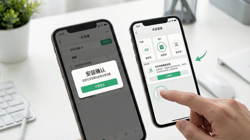 富安生活安装与权限设置示意图,画面展示手机屏幕上的安装确认弹窗与权限管理界面,背景为简洁桌面环境,手指轻触屏幕动作自然,色调明亮,突出操作引导感,写实风格