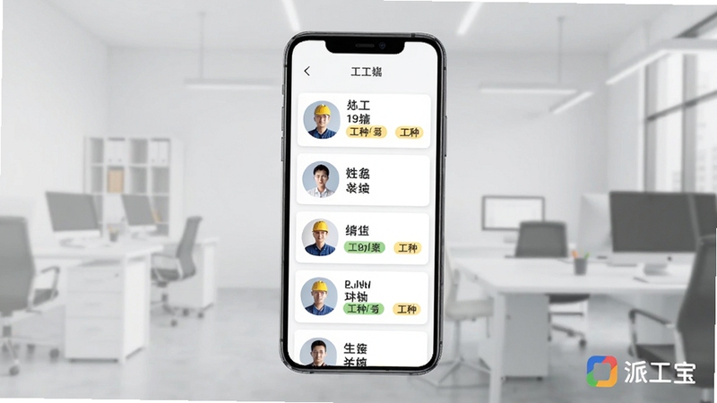 派工宝工人档案管理页面展示,画面为手机屏幕中呈现工人信息卡片列表,每张卡片包含头像、姓名与工种标签,背景为浅灰色办公环境,画面角落有派工宝标识,风格简洁规整,适配Boogu模型生成