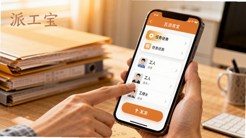 派工宝任务派发界面特写,画面中一只手正在点击手机屏幕上的派发按钮,屏幕内显示任务卡片与工人选择列表,背景为办公室桌面与文件夹,色调温暖明亮,突出操作便捷感,画面中带有派工宝字样,适配Boogu模型生成