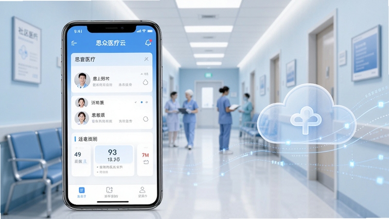 整体画面采用柔和的医疗蓝与白色调,画面中央偏左位置放置一部智能手机,屏幕显示思众医疗云应用主界面,包含患者列表和日程卡片;背景区域为虚化的社区诊所走廊场景,右侧点缀半透明的云朵与数据流线条,整体风格简洁现代,适合软件下载站头图展示