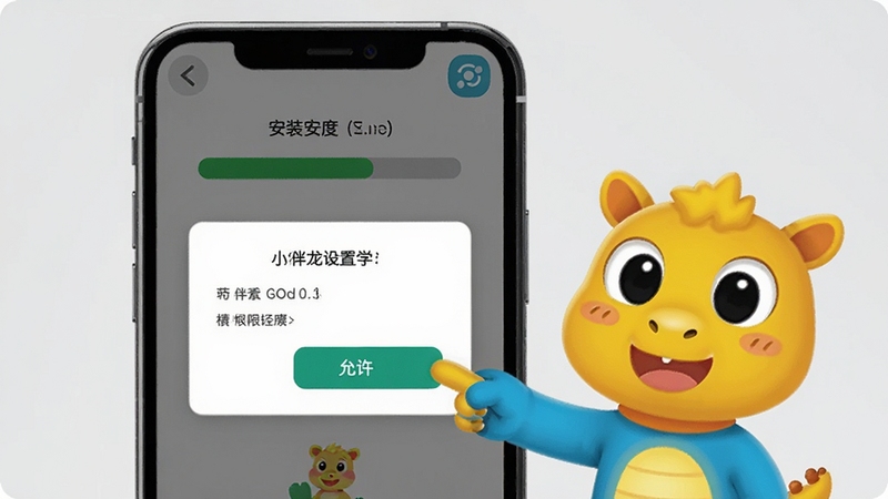 小伴龙玩数学安装设置界面示意图,画面展示一部智能手机屏幕,屏幕上显示安装进度条和权限设置弹窗,旁边有小伴龙卡通形象用手指向