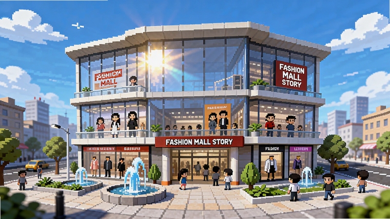 像素风格时尚购物中心全景,画面中央是三层楼高的现代化商场建筑,玻璃幕墙反射阳光,门口有喷泉和绿植,顾客进出频繁,背景是蓝天白云与城市街道,整体色调明亮活泼,展现Fashion Mall Story的经营氛围