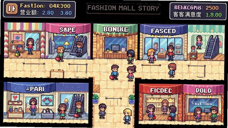 Fashion Mall Story游戏界面截图风格,像素画风展示商场内部楼层布局,多家时尚店铺排列整齐,顾客在走廊中购物,界面显示营业额与顾客满意度数据,色彩鲜艳细节丰富