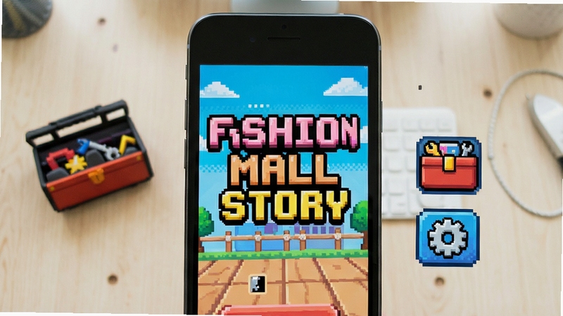 像素风格手机屏幕显示Fashion Mall Story游戏主界面,旁边有工具箱和设置图标,画面简洁明快,突出移动端使用场景,背景为浅色桌面,体现新手安装与运行主题