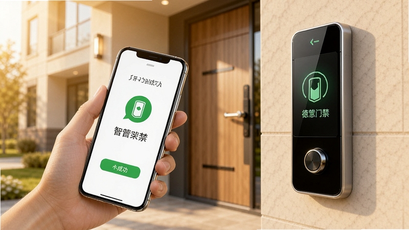 德管家智慧门禁功能展示图,画面主体为一只手握持智能手机,屏幕显示开门成功界面与门禁图标,背景为现代小区单元门场景,色调温暖明亮,细节突出手机屏幕与门禁设备的联动感