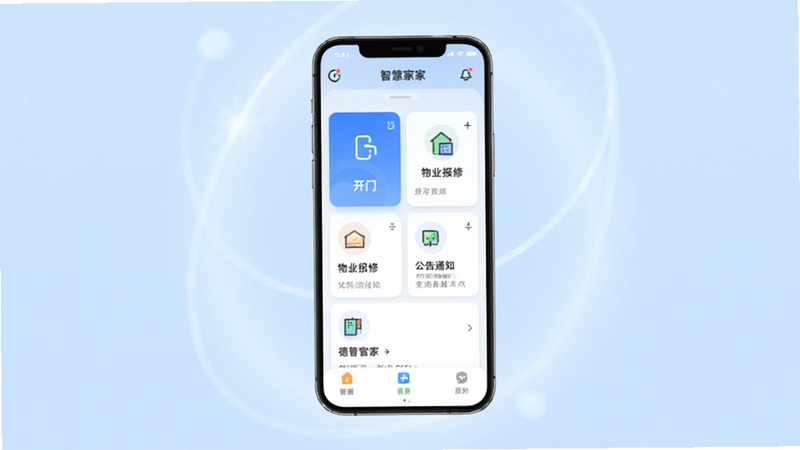 德管家软件主界面全貌展示,画面中央为手机屏幕渲染图,屏幕内呈现智慧社区服务首页,包含开门按钮、物业报修、公告通知等卡片式功能入口,背景为浅蓝色渐变与柔和光晕,整体风格简洁现代,适配Boogu模型生成