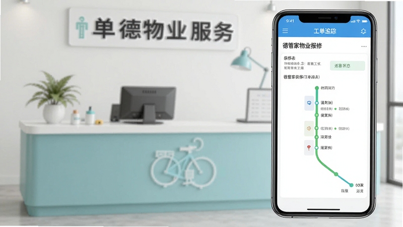 德管家物业报修工单追踪界面图,手机屏幕显示报修表单与进度时间轴,背景为简约的物业服务台场景,色彩清爽,强调工单状态可视化