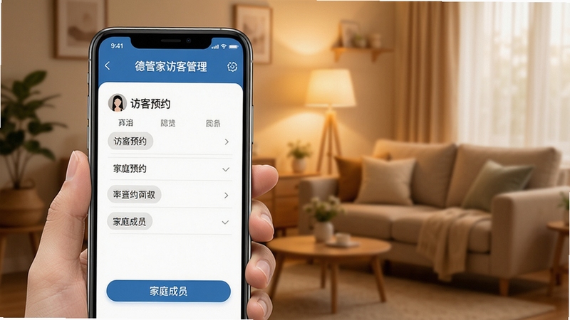 德管家访客管理与家人添加界面示意图,画面展示手机屏幕内访客预约表单与家庭成员列表,背景为温馨家居环境,光线柔和,突出界面信息层级与操作便捷性