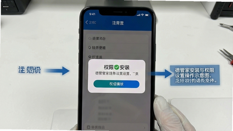 德管家安装与权限设置操作示意图,画面展示手机屏幕内权限授权弹窗与设置菜单,背景为简洁的操作台面,光线均匀,突出步骤指引与注意事项