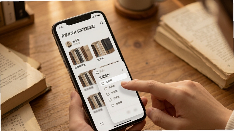 步履寻风月书架管理功能展示,手机屏幕呈现分组书架与批量操作菜单,画面主体为手指点击屏幕的互动瞬间,背景为原木色书桌与散落的纸质书,整体色调温暖柔和,适配Boogu模型生成