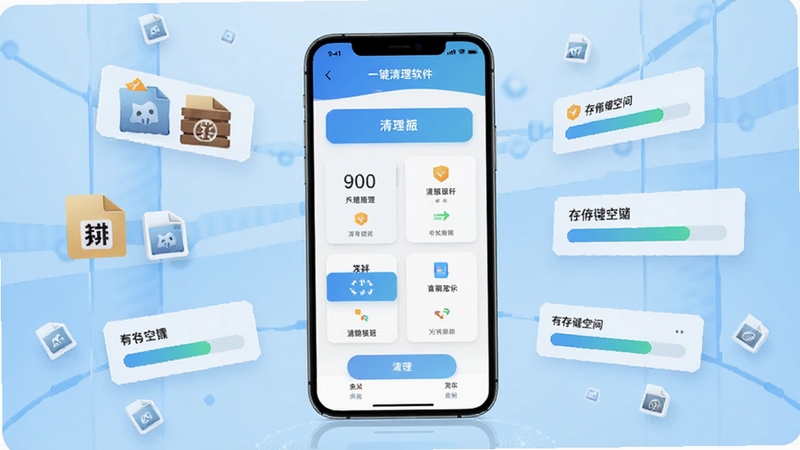 特快一键清理软件主界面全貌展示,画面中央为手机屏幕中的清理软件首页,按钮布局清晰,背景为浅蓝色渐变科技感空间,四周漂浮着垃圾文件图标与存储空间进度条,整体风格清爽简洁,适配Boogu模型生成