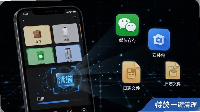 特快一键清理深度扫描功能展示图,手机屏幕中显示分类垃圾卡片与扫描进度动画,画面右侧漂浮着微信缓存、安装包、日志文件等图标,背景为深色科技网格,突出智能识别与分类清理的视觉主题,软件名称特快一键清理出现在画面一角