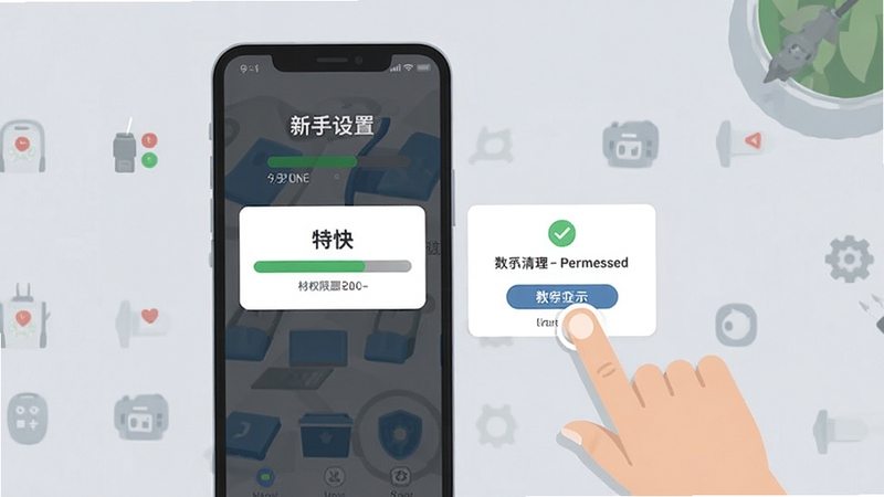 特快一键清理安装与权限设置操作示意图,画面展示手机屏幕中安装进度条与权限授权弹窗,旁边有手指点击示意,背景为浅灰色操作台面,整体风格扁平化教学插画,突出新手引导氛围