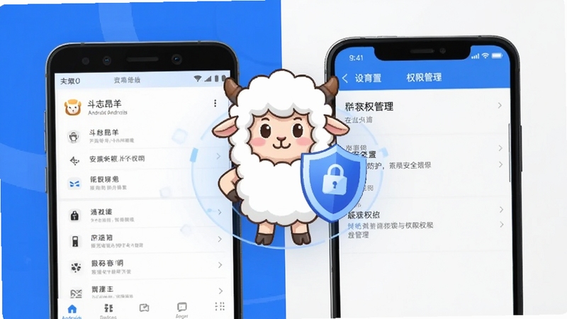 生图提示词:一张分屏对比示意图,左侧为安卓手机安装界面特写,右侧为手机设置权限管理界面,画面中央悬浮着一只拿着盾牌的卡通羊角色,象征安全防护。整体色调为科技蓝与白色,风格简洁专业,用于说明斗志昂羊的安装与权限设置注意事项