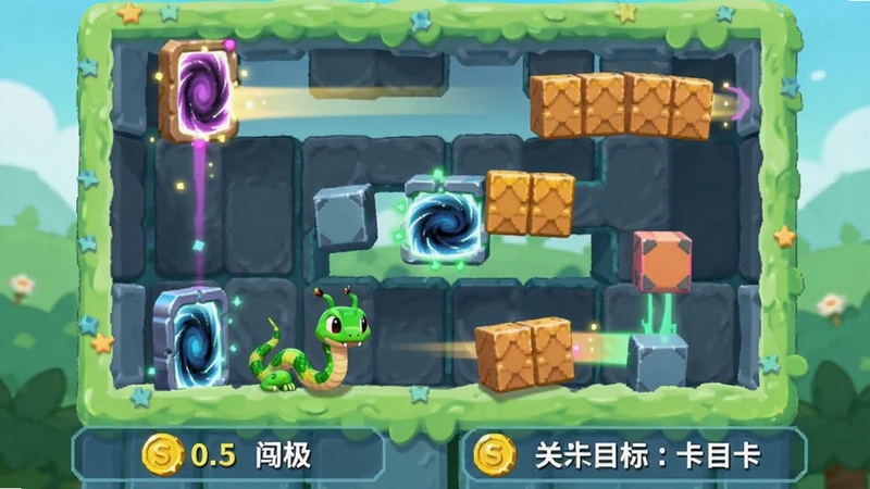 贪吃蛇闯关进化关卡游玩画面,小蛇在带有传送门和移动障碍的迷宫中穿梭,画面下方显示金币数量与关卡目标,整体风格清新卡通,适合Boogu模型生成