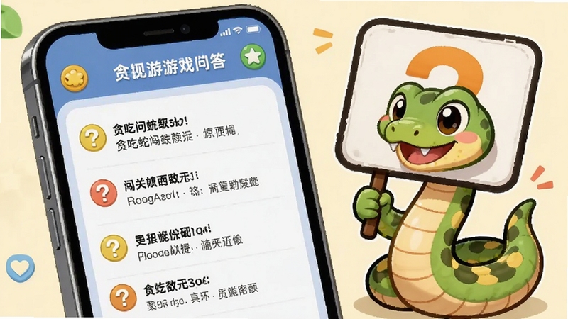 贪吃蛇闯关进化游戏问答场景示意图,手机屏幕显示常见问题解答界面,旁边有卡通小蛇举着问号牌,整体风格活泼友好,适合Boogu模型生成