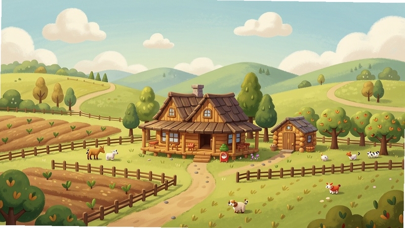 整体画面展现Cozy Country乡村田园全景,画面中央是一座温馨的木屋农场,周围有农田、栅栏、果树和小动物,远处是起伏的绿色山丘与蓝天白云,整体色调温暖柔和,卡通手绘风格,细节丰富,构图开阔