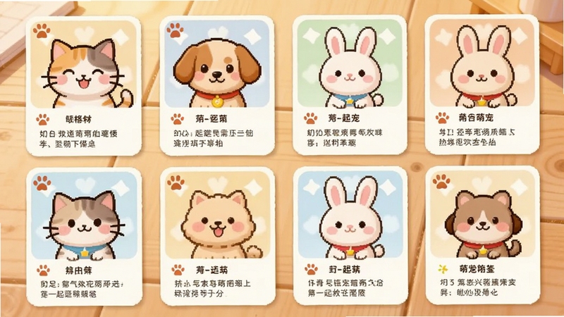 一起救萌宠萌宠图鉴界面,画面中排列着多张卡通小动物卡片,包括猫咪、小狗、兔子等,卡片带有表情与简介文字,背景为温暖的浅色木质桌面,整体风格温馨治愈