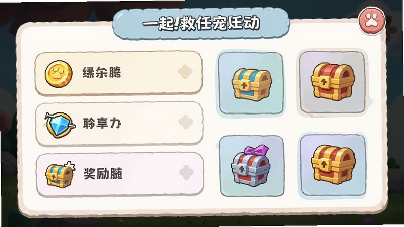 一起救萌宠每日任务面板,画面展示卡通风格的任列表与奖励图标,包括金币、体力、宝箱等元素,界面干净整洁,配色柔和,适合下载站展示