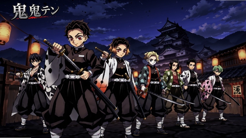 鬼杀队 手机游戏主界面 日系动漫画风 多名持刀剑士角色列队站立 背景为夜色中的山城与灯笼 画面主体位于中央偏左 背景区域为深蓝紫色渐变天空 高对比度 细节清晰 游戏宣传海报风格