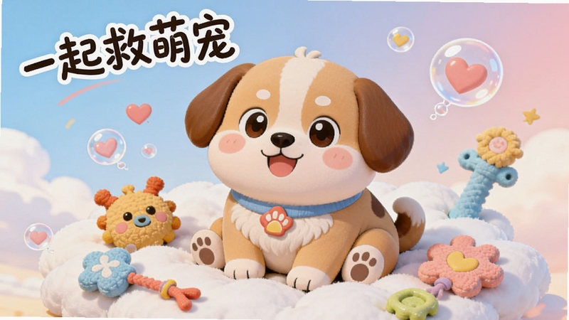 整体画面采用清新明亮的卡通风格,画面中央是一只圆润可爱的卡通小狗坐在柔软的云朵上,周围环绕着五颜六色的宠物玩具与爱心气泡,背景为柔和的渐变天空蓝与浅粉色过渡,画面左上角以手写体风格呈现一起救萌宠字样,整体构图饱满温馨,适配Boogu模型生成
