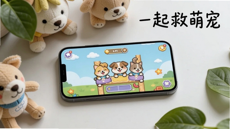画面展示一部智能手机横屏放置,屏幕中显示一起救萌宠的卡通闯关界面,手机周围散落着几只毛绒玩具与绿色植物叶片,背景为浅灰色桌面,光线柔和自然,画面右上角以手写字体呈现一起救萌宠,整体风格简约清新,适配Boogu模型生成