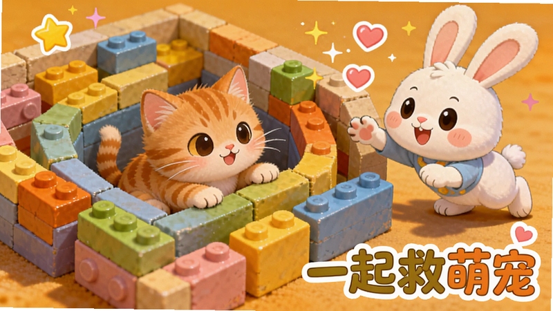 画面描绘一只橘色小猫被困在由彩色积木搭建的迷宫中,一只卡通兔子正在迷宫外伸手救援,周围点缀着星星与爱心特效,背景为温暖的橙黄色调,画面右下角以圆润字体标注一起救萌宠,整体风格活泼可爱,细节丰富,适配Boogu模型生成
