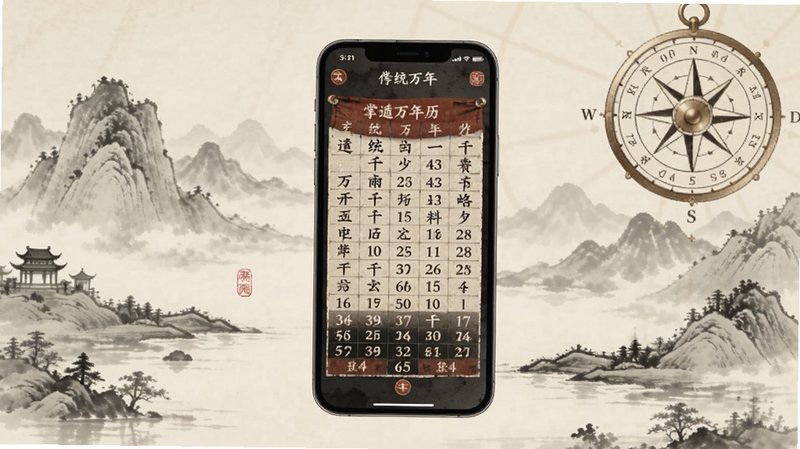 掌玄遁万年历软件主界面展示,画面中央为手机屏幕显示传统万年历与干支信息,背景为淡雅水墨山水与罗盘元素,整体色调古朴沉稳,适配Boogu模型生成