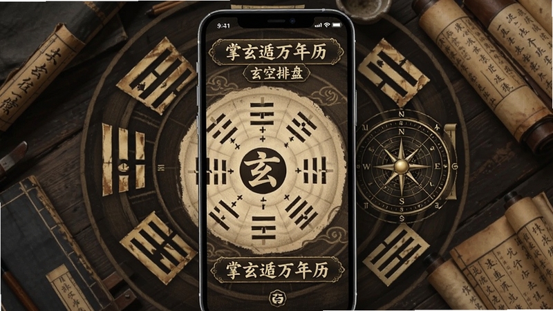 掌玄遁万年历玄空排盘功能界面,手机屏幕显示卦象图表与方位罗盘,周围点缀八卦符号与古籍书卷,画面风格典雅,突出掌玄遁万年历名称