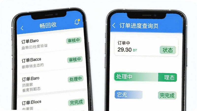 �����ն������Ȳ�ѯҳ�棬�ֻ�������ʾ�����б���״̬��ǩ����������С������С����������״̬������ɾ����䣬ǳɫ��������ɫǿ��ɫ���Ա�������֪ͨͼ��