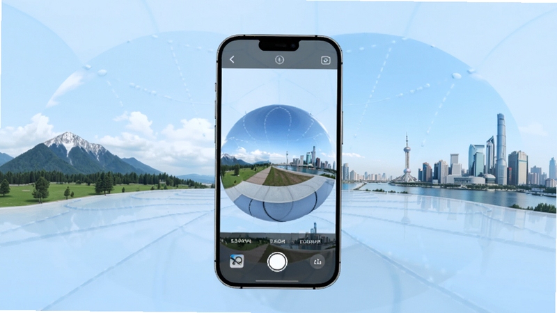 绽影全景应用主界面全景展示,画面中央是手机屏幕呈现360度球形全景照片预览,背景为浅蓝色渐变科技感空间,四周环绕山峦与城市天际线元素,整体风格清爽简洁,适配Boogu模型生成