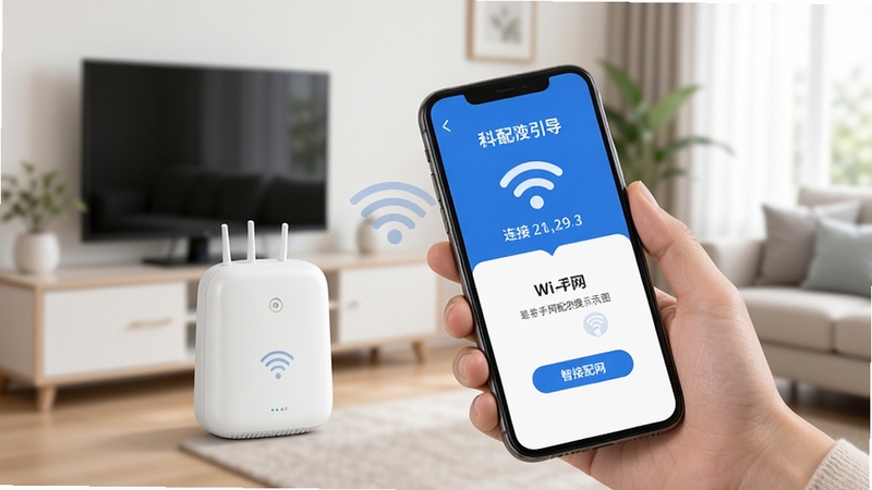 科掌门新手配网操作示意图生图,画面展示手机与智能设备靠近配网的场景,屏幕显示Wi-Fi连接引导步骤,背景为家庭网络环境,简洁明了