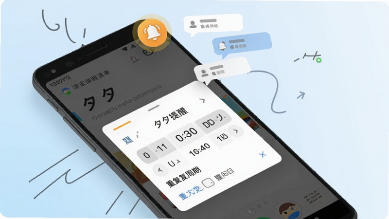 画面主体为一部斜放的安卓手机,屏幕显示朝夕清单的提醒设置弹窗,弹窗内可见时间选择器与重复周期选项,手机上方悬浮一个铃铛图标与几条通知气泡,背景为浅蓝渐变与简约线条装饰,整体风格清爽,突出提醒功能