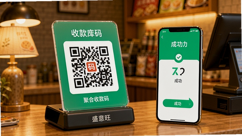 盛意旺聚合收款码功能展示,画面主体为一张立在收银台上的收款码立牌,旁边放置一部显示收款成功界面的手机,背景为温馨的小店收银区域,暖色调灯光,画面清晰突出收款码与成功提示元素