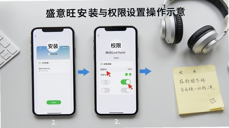 盛意旺安装与权限设置操作示意,画面为手机屏幕分步展示安装界面与权限开关,背景为浅灰桌面,旁边放置耳机与便签纸,整体风格简洁明快,突出步骤引导感