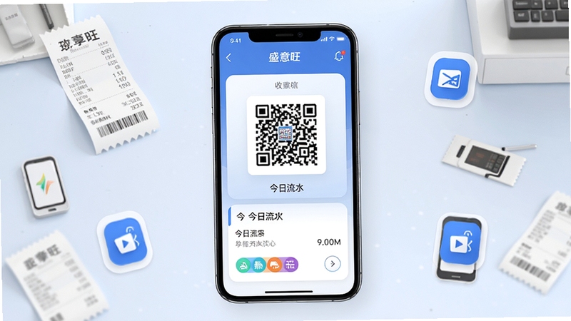 盛意旺应用主界面展示,画面中央为手机屏幕特写,屏幕内呈现收款码与今日流水卡片,背景为简洁的浅色渐变工作台区域,周围点缀收银小票与移动支付图标元素,整体风格清爽商务,光线柔和均匀,构图居中对称