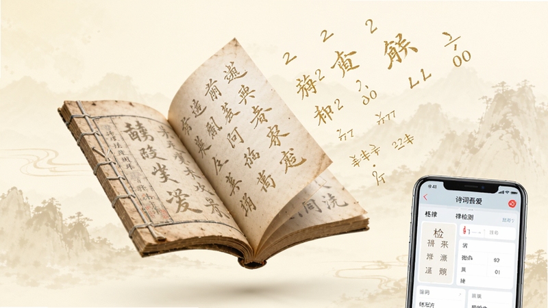 画面主体为一本悬浮在空中的古风线装书,书页翻动间飘散出金色的汉字笔画与平仄符号,背景区域为淡雅的米黄色水墨渐变,右下角放置一部智能手机,屏幕显示诗词吾爱软件的格律检测界面,整体风格清新雅致,融合传统与现代元素,高清细节,柔和光影