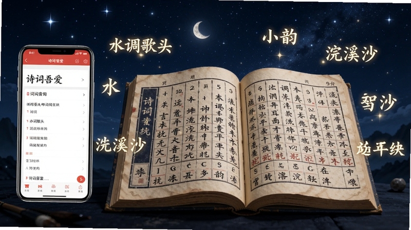 画面中心为一本展开的古代韵书,书页上密密麻麻排列着汉字与韵部标注,周围环绕着发光的词牌名称如“水调歌头”“浣溪沙”等,背景为深蓝色夜空与点点星光,左侧放置一部手机,屏幕显示诗词吾爱软件的词牌查询界面,整体风格神秘典雅,富有文化气息