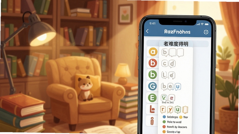RAZ分级学习软件界面展示科学分级体系与级别导航功能,手机屏幕中呈现清晰的字母级别列表与难度说明,背景为温馨的书房环境,柔和光线,插画风格,细节丰富