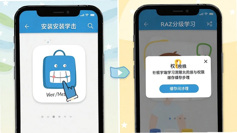 RAZ分级学习手机端安装与权限设置操作示意图,展示安装包点击、权限弹窗与缓存清理步骤,画面为手机界面特写,简洁明亮,教学风格插画