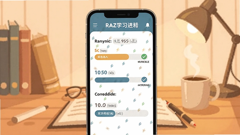 RAZ分级学习软件进度追踪页面展示阅读记录与级别完成情况,手机界面中有进度条和已完成标记,背景为简洁的书桌场景,暖色调,扁平化插画风格