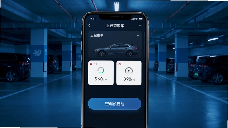 上汽荣威App远程控车界面展示,手机屏幕显示车辆状态卡片与空调预启动按钮,背景为地下停车场实景,科技蓝色调,高清细节