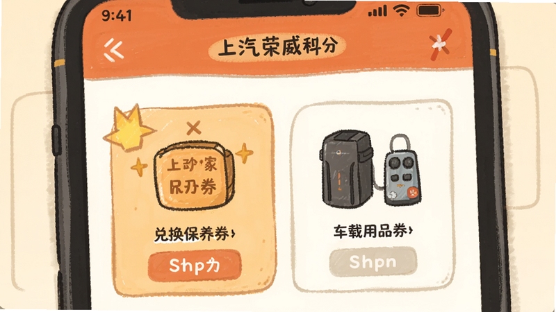 上汽荣威App积分商城页面手绘风格插画,展示积分兑换保养券与车载用品,暖色调,扁平化设计,界面元素清晰