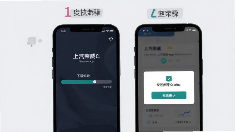 上汽荣威App安装步骤示意图,手机屏幕展示下载进度条与安装确认弹窗,简洁扁平化风格,浅灰色背景,步骤标注清晰
