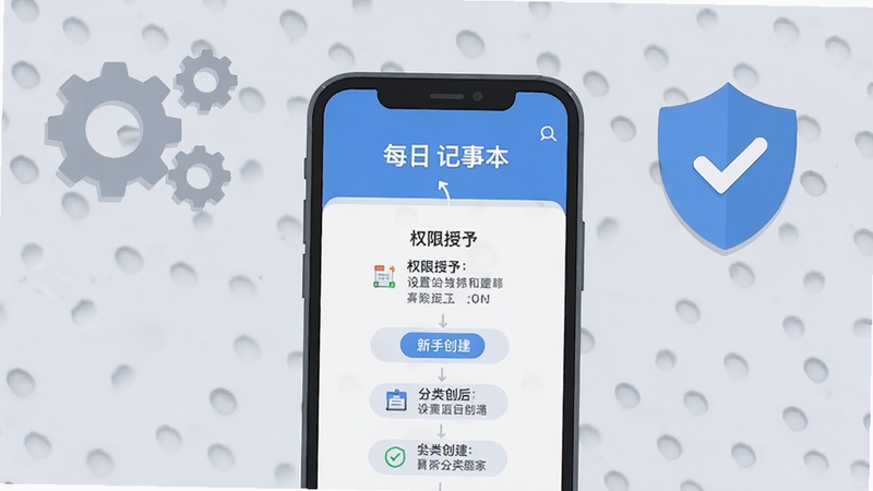 每日记事本安装设置引导界面示意图,画面主体为手机屏幕展示权限授予和分类创建步骤,背景为浅灰色工作台面,配有齿轮和盾牌图标象征设置与安全,整体风格扁平化,突出新手引导的清晰感